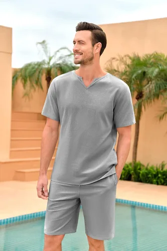 Miniatura 4 de Conjunto de ropa de cama de algodón para hombre, conjunto cómodo de 2 piezas, conjunto de camisa y pantalones cortos Henley de manga corta