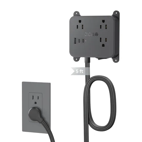 TROND Cable de Extensión Plano Ultra Delgado, Regleta de Alimentación de Enchufe Plano con 3 Cargadores USB, 3 Salidas de CA Estación de Carga de