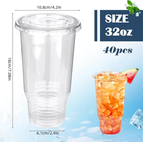Miniatura 2 de Vasos de plástico transparente de 32 onzas con tapas, 40 vasos desechables para bebidas frías, postres, helado, café helado, té con leche