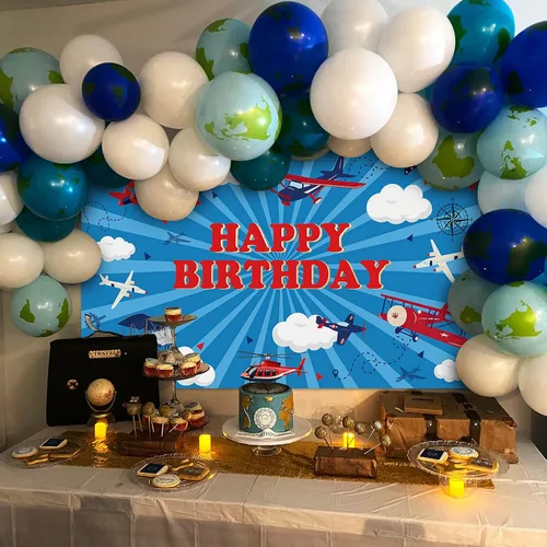 Miniatura 2 de Avezano Telón de fondo de feliz cumpleaños de avión para niños, decoración de fiesta de cumpleaños de avión, pancarta temática de moscas de cielo