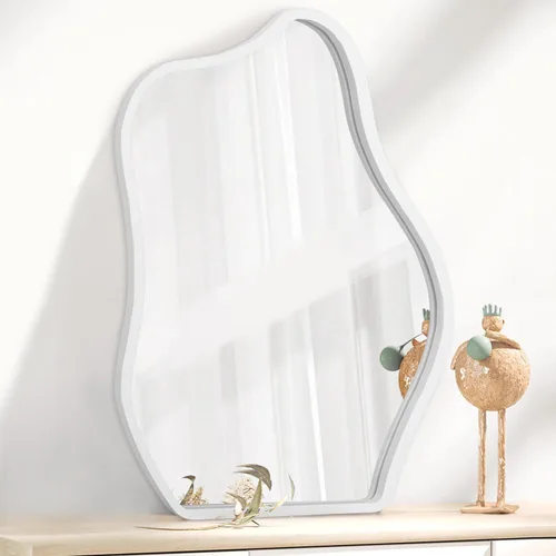 Miniatura 14 de Espejo de pared asimétrico con marco de madera, espejo colgante moderno irregular para pared para tocador, sala de estar, dormitorio, baño, entrada