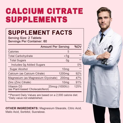 Miniatura 7 de Citrato de calcio de 1200 mg con suplemento de vitamina D3 para mujeres y hombres, calcio y magnesio zinc D3 para la salud de los músculos óseos