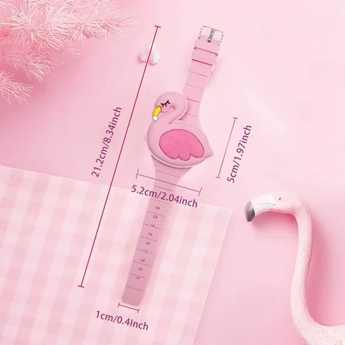 Miniatura 4 de Reloj de aprendizaje para niñas pequeñas de 3 a 8 años, 3D lindo diseño de caricatura de flamenco rosa con diseño de concha para niños, reloj