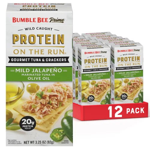 Bumble Bee Prime Protein on the Run Snack Kit, paquete de 12, atún gourmet marinado en aceite de oliva y jalapeño suave con galletas y utensilios