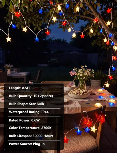 Miniatura 4 de Guirnalda de 10 luces LED de color rojo, blanco y azul para exteriores, 8.5 pies, luces decorativas para el 4 de julio, impermeables, conectables