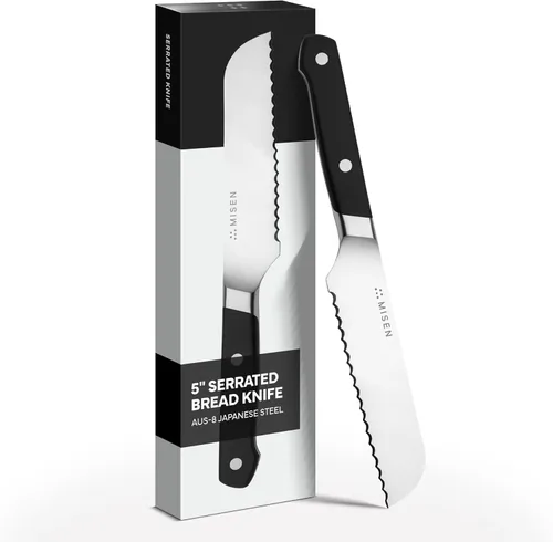 Misen Cuchillo de Pan Dentado - Acero Japonés AUS8 de Alto Carbono - Perfecto para Alimentos Suaves, Pan, Pasteles y Frutas - Rebanador Versátil,