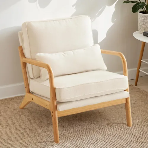 Miniatura 14 de Karl home Silla de acento moderna de mediados de siglo con cojín, tapizada en tela de lino, silla de salón con brazo, estructura sólida de madera