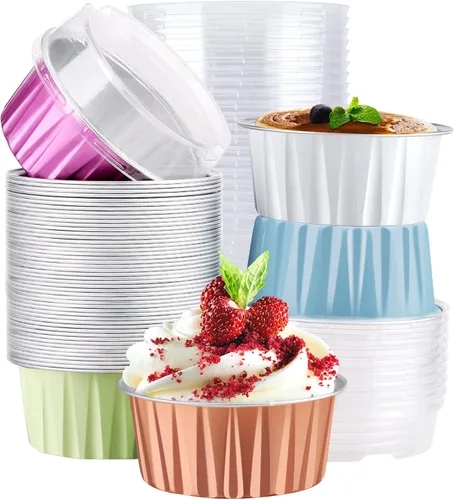 Miniatura 14 de EUSOAR Moldes de Papel de Aluminio para Hornear, 5oz 50 piezas Moldes Reutilizables para Cupcakes con Tapas, 3.34x2.59x2.35 pulgadas 125ml Moldes