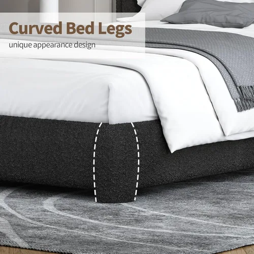 Miniatura 5 de BarnFurin Marco de cama tamaño individual, marco de cama Boucle tapizado con cabecero, esquinas redondeadas suaves, no requiere somier, Negro