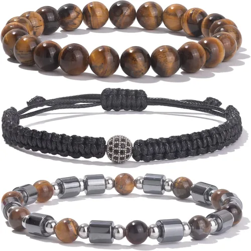 Juego de pulseras de cuentas para hombre de 0.315 in y 0.157 in de piedras preciosas curativas trenzadas con dije de circonita cúbica, pulsera de