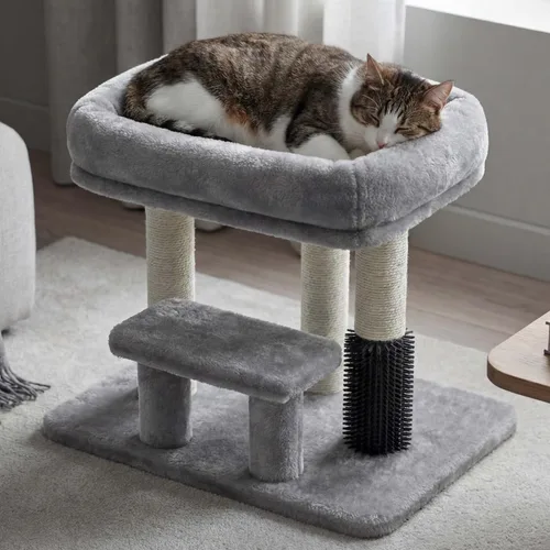Miniatura 13 de Heybly Poste rascador para gatos, torre de árbol pequeño para gatos con 3 postes de sisal completos, cama de felpa extraíble, cepillo de aseo