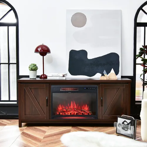 Miniatura 3 de Tangkula Soporte de TV con chimenea para televisores de hasta 65 pulgadas, mesa consola multimedia con puertas de granero, calentador eléctrico