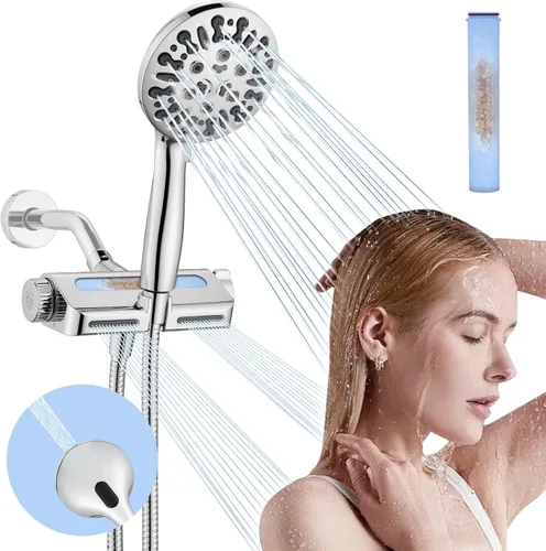 Miniatura 8 de Cabezal de ducha filtrado con combo de mano, cabezal de ducha con filtro de agua dura con 9 modos de ducha, cabezales de ducha dobles de alta Níquel