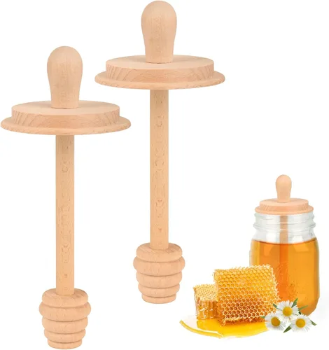 Miniatura 8 de Sun3drucker Juego de tarros de madera para miel con tapas, palo de madera para tarros de boca regular, tapas de panal de miel para boca regular