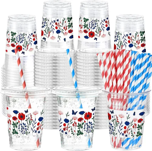 Miniatura 13 de Sliner 50 juegos de vasos de plástico a cuadros de 16 onzas con tapas y pajitas de papel, vasos desechables transparentes para fiesta de autos