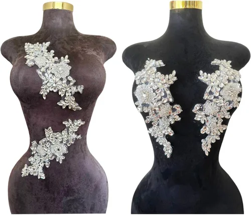 1 par/juego de accesorios de apliques de encaje con diamantes de imitación para coser a mano, cuentas de lentejuelas y piedras, parches para Plata