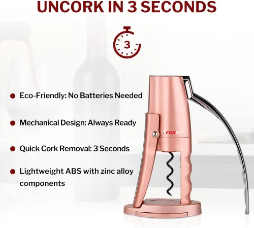 Miniatura 3 de Forge - Sacacorchos de palanca vertical compacto de calidad con cortacápsulas. 3 segundos para abrir una botella de vino. Rosa. Rosado