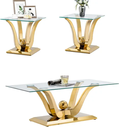 Miniatura 27 de SSLine Mesa auxiliar de cristal de lujo para sala de estar, mesa auxiliar moderna dorada con base de pedestal de acero inoxidable en forma de flor