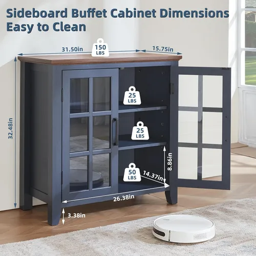 Miniatura 2 de Aparador Grande Buffet con Almacenamiento, 32" Mueble de Cocina Estilo Granja Azul Marino para Café y Vino con 2 Puertas de Vidrio, Mesa Aparador