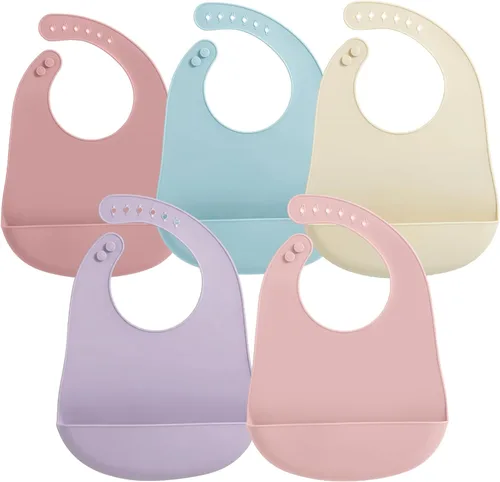 Miniatura 9 de PandaEar Paquete de 5 baberos de silicona impermeables para bebés, babero de alimentación súper fino y ligero con bolsillo para atrapar alimentos