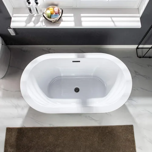 Miniatura 4 de WOODBRIDGE Bañera de acrílico independiente de 56 pulgadas, bañera blanca de remojo contemporáneo con desbordamiento y drenaje negro mate, Mate negro