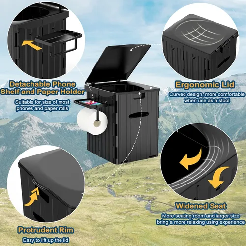 Miniatura 3 de Inodoro portátil XL para adultos, extra grande de 15.4"H plegable para acampar con estante desmontable para teléfono y soporte para papel