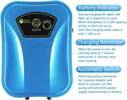 Miniatura 5 de AquaMiracle USB Aquarium Air Pump Rechargeable Aerator for Bait Bucket, Portable Battery Powered Air Pump for Aquarium, Fish Tank Air Pump for Azul