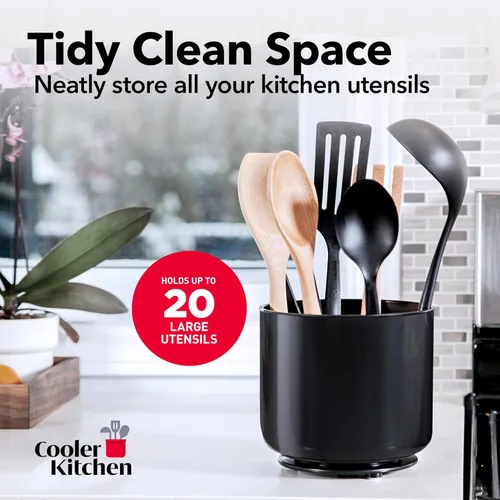 Miniatura 6 de Cooler Kitchen Portautensilios Jumbo Extra Grande Resistente Giratorio Negro con Base Pesada Antivuelco e Inserto con Agarre - A Prueba de Óxido