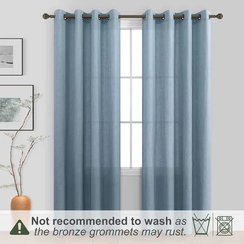 Miniatura 2 de KOUFALL Cortinas de lino azul piedra para dormitorio, 2 paneles de cortinas semitransparentes azul empolvado con ojales de bronce para sala