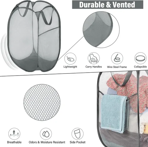 Miniatura 2 de BATTOO Paquete de 3 cestas plegables de malla fuerte para lavandería, cestas plegables con bolsillo lateral reforzadas para baño, habitación