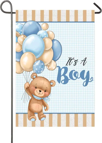 Bandera de jardín con texto en inglés "It's A Boy" de 12 x 18 pulgadas, globos de oso de peluche de doble cara, bandera de jardín para bebé, baby