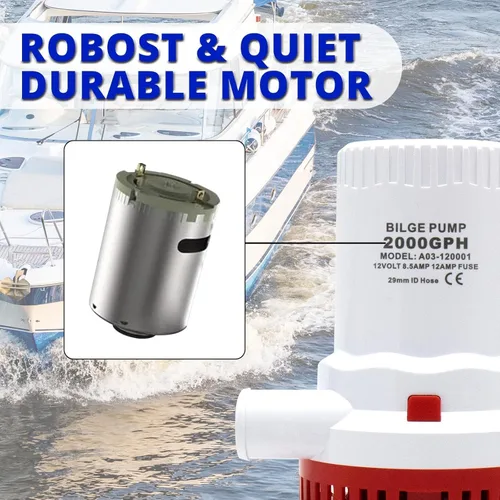 Miniatura 4 de Bomba de sentina no automática de 12 V, 2000 GPH, bomba de agua sumergible para barco marino con motor refrigerado por agua, fusible de 12 A, salida