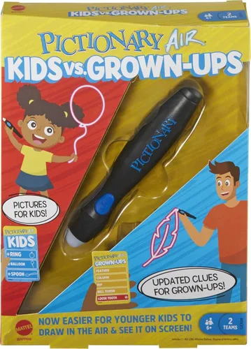 Mattel Games Pictionary Air Kids Vs. Grown-Ups Juego familiar para la noche de juegos con bolígrafo de luz y tarjetas de pistas, se conecta a