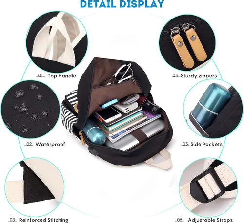 Miniatura 2 de Mochila escolar para adolescentes y mujeres, lindo juego de mochila universitaria de lona a rayas con bolsa de almuerzo, bolsa para lápices