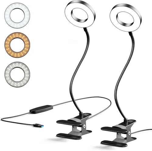 Miniatura 9 de Lámpara LED de escritorio con clip con 3 modos de color, 10 anillos de brillo/luz de abrazadera, cuello ajustable de 360°, regulable, protección