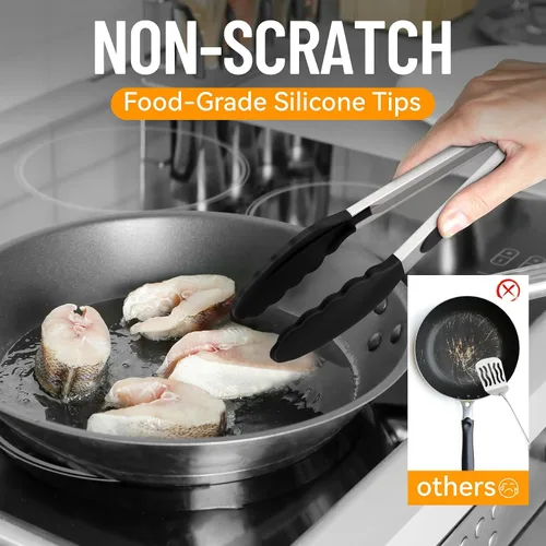 Miniatura 5 de HOTEC Pinzas de cocina de acero inoxidable de alta calidad con puntas de silicona, juego de pinzas de cocina resistentes al calor, juego de 3-7, 9