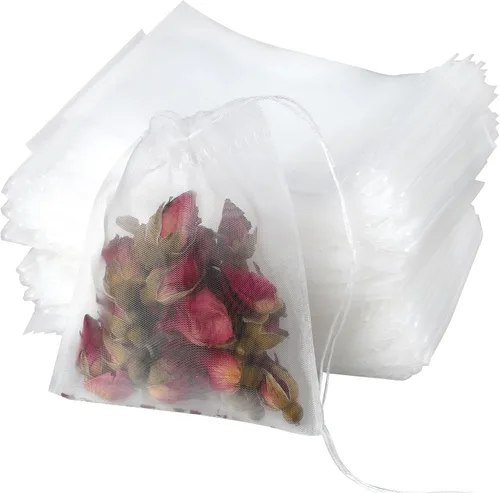 100 bolsas de filtro de té vacías desechables de malla con cordón para té suelto, café, bolsita de especias, cocina de baño, 2.36 x 2.75 pulgadas