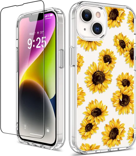 Miniatura 29 de Funda para iPhone 14 Pro con protector de pantalla, 6.1 pulgadas, transparente de cuerpo completo, a prueba de golpes, diseño floral, para niñas