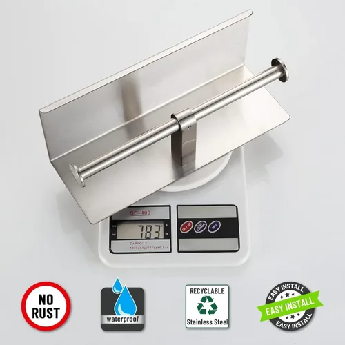 Miniatura 9 de Soporte de papel higiénico de doble rollo con estante, dispensador de pañuelos de acero inoxidable montado en la pared para baño (plateado)