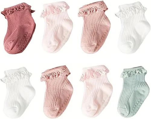 Miniatura 10 de 5 pares de calcetines antideslizantes antideslizantes para bebés y niñas pequeñas de encaje con rayas de flores