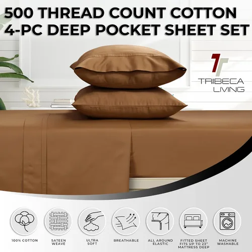 Miniatura 3 de Tribeca Living Juego de sábanas y fundas de almohada de satén de algodón egipcio suave, bolsillo profundo, 500 hilos, ropa de cama de lujo de 4 Beige