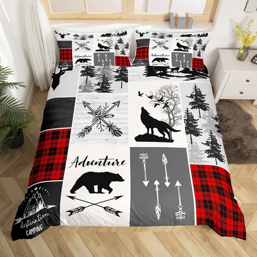 Miniatura 31 de Juego de funda de edredón para niños de ciervo, oso, lobo, tamaño individual, juego de ropa de cama de cabaña de aventura para niños, niñas