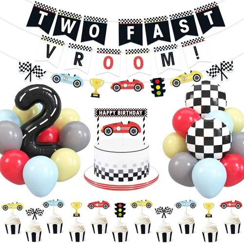 Bessmoso Decoración vintage de dos cumpleaños para fiestas de autos de carreras, suministros de temática de carreras de 2º cumpleaños, pancarta para