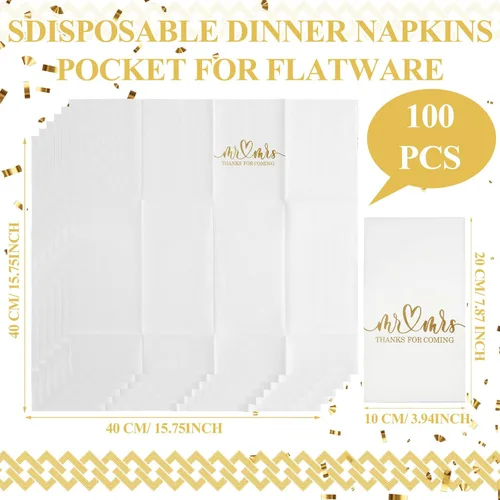 Miniatura 2 de Panelee 100 servilletas de boda con bolsillo integrado para cubiertos de Mr and Mrs personalizadas, sensación de lino, suministros de cena Dorado