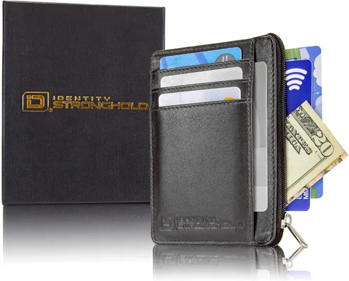 Miniatura 6 de ID STRONGHOLD - Cartera con bolsillo frontal RFID, mini, minimalista, delgada, de piel auténtica con cremallera, Negro
