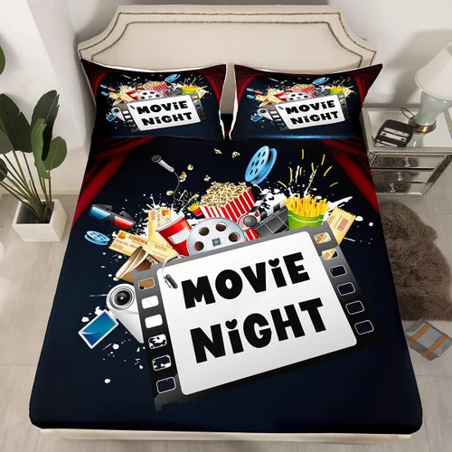 Erosebridal Sábana bajera ajustable de noche de cine tamaño individual para niños y niñas, decoración de cine en casa, sábanas para amantes del