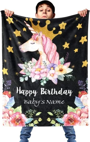 Miniatura 5 de Mantas de bebé personalizadas de unicornio con nombre/texto, mantas de bebé personalizadas para niña y niño, manta de forro polar negro súper suave