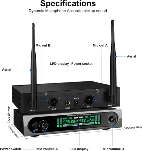Miniatura 5 de Sistema de micrófono UHF inalámbrico, con 2 dispositivos de mano, escaneo automático, frecuencias UHF de 2 x 50, rango de 200 pies, micrófono