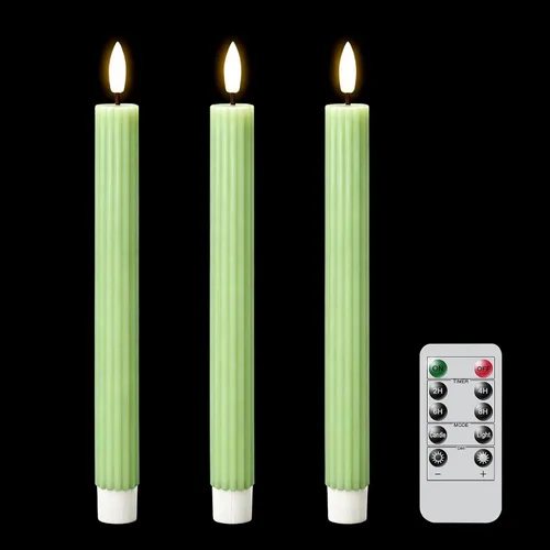 Miniatura 7 de Velas cónicas parpadeantes verdes sin llama que funcionan con pilas con control remoto de 10 teclas y temporizador, 6 paquetes de velas LED de cera