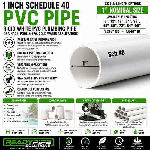 Miniatura 2 de Tubo de PVC de 1 pulgada Schedule 40 – Tubo de plomería de PVC blanco rígido para drenaje, piscina y spa, aplicaciones de agua fría